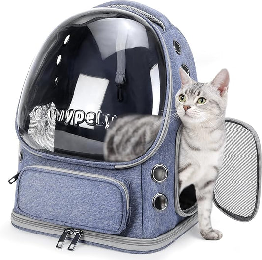 Cat Backpack Carrier, Breathable Cat Carrier Large Space Bubble Pet Backpack for Kitty Small Dog up to 12lbs, Transparent & Foldable Pet Carrier for Travel Hiking (Blue-PawvioPets