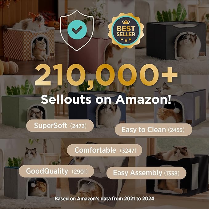 Bedsure Cat Beds for Indoor Cats - Large Cat Cave for Pet Cat House with Fluffy Ball Hanging and Scratch Pad, Foldable Cat Hideaway, 16.5x16.5x13 inches, Loden Green-PawvioPets