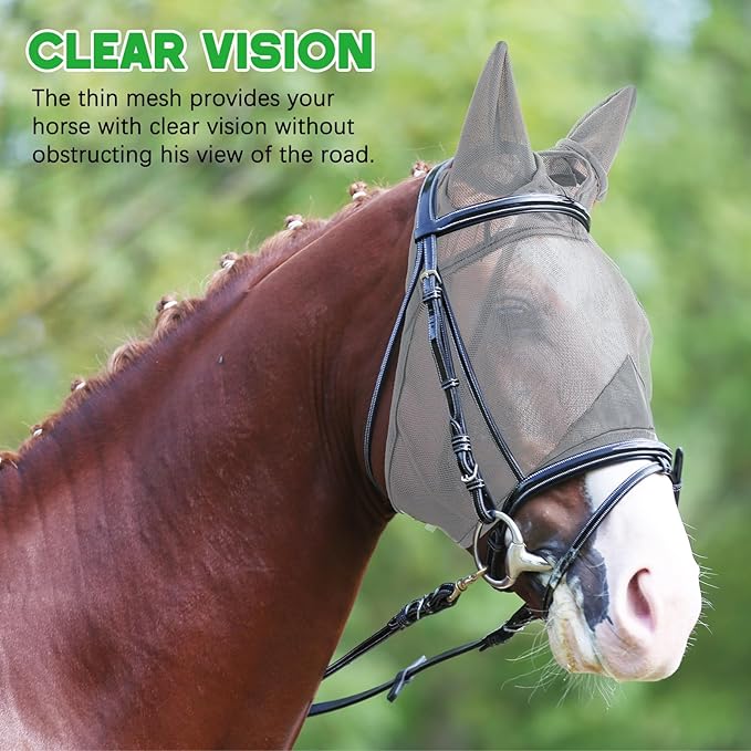 2 Pcs Horse Fly Mask with Ears Adjustable UV Protection Horse Fly Mask Accessories Large Eye Space with Ears for Horses Summer, Black and Gray, L-PawvioPets