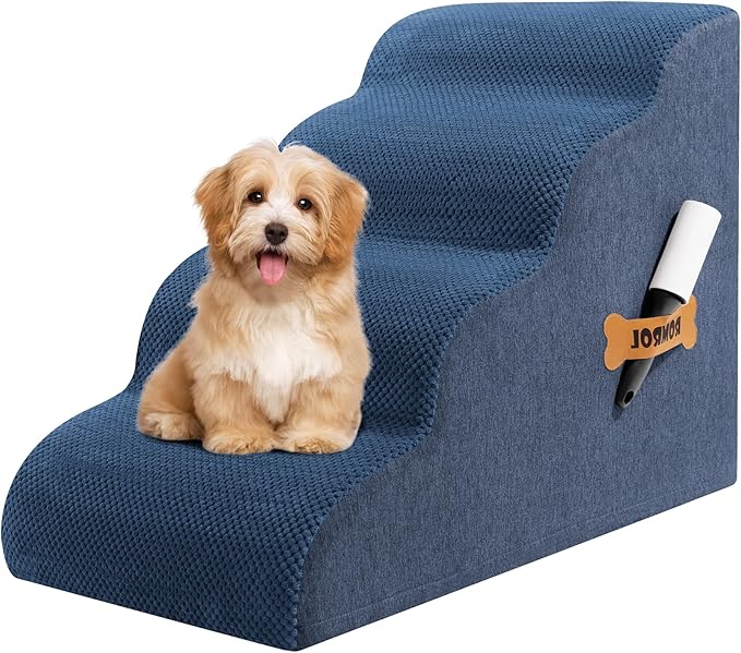 Dog Stairs, Romrol Dog Steps Ramp for High Bed and Couch, Dogs Ramp with Durable Non-Slip Waterproof Fabric Cover, Pet Stairs for Small Dogs and Cats or Pets Joints, 4-TiersDusty Blue-PawvioPets