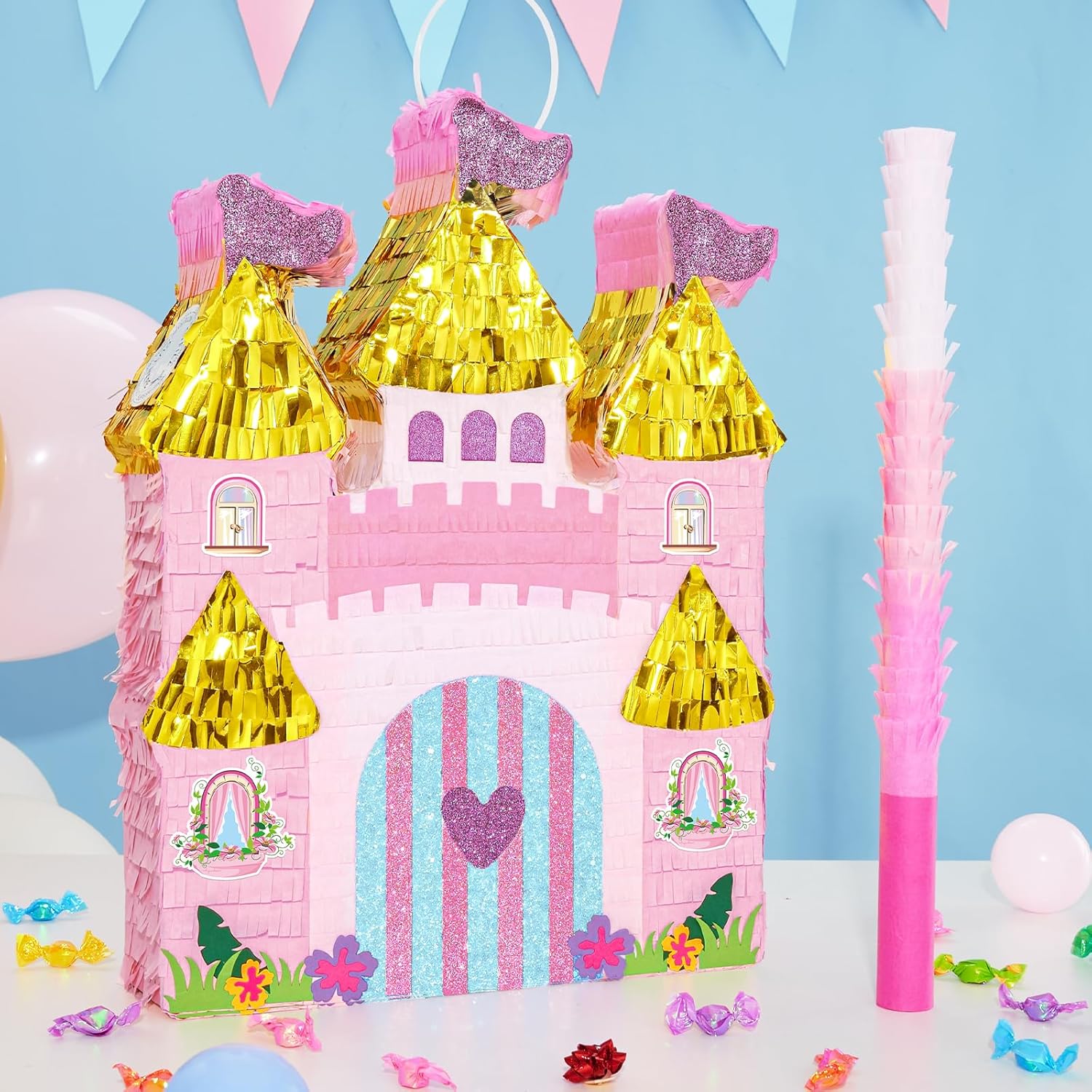 WERNNSAI Princess Castle Piñata - Princess Birthday Party Decorations Pink Princess Piñata with Blindfold and Bat for Birthday Girls Family Game Princess Theme Birthday Party Supplies 16.4” x 12.4”
