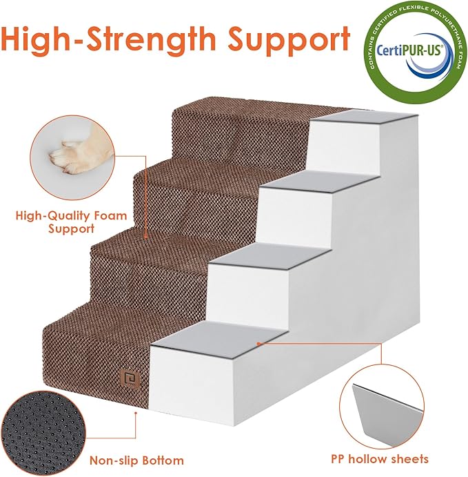 EHEYCIGA Dog Stairs for Bed 20" H, 4-Step Extra Wide Dog Steps for High Bed, Pet Steps for Small Dogs and Cats, Non-Slip Balanced Pet Ramp Indoor, Brown-PawvioPets