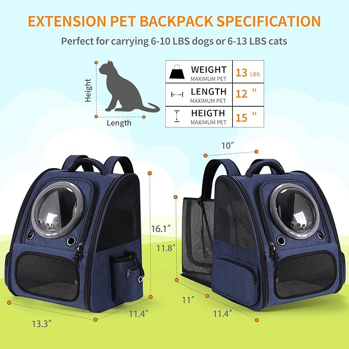 Extension Cat Carrier Backpack with Transparent Bubble Window,Dogs Backpack Carrier with Breathable Mesh Travel Bag, Portable Space Capsule Design with Foldable for Pets (Blue)-PawvioPets