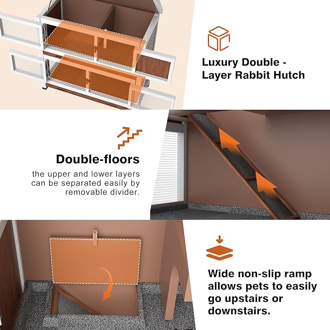 2 Story Rabbit Hutch, Indoor Outdoor Bunny Hutch Solid Wood Rabbit Cage with Removable Trays, Waterproof Asphalt Roofs and Ventilation Door, Small Animal House for Rabbit Guinea Pig Ferret, Walnut-PawvioPets