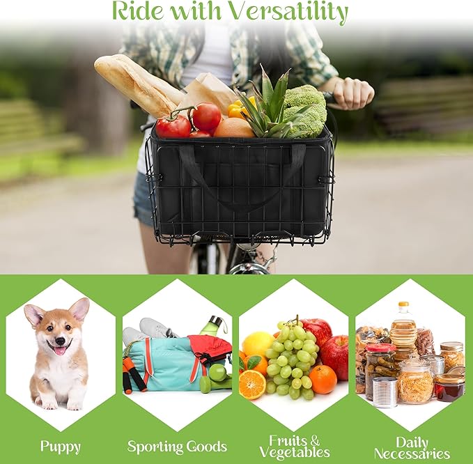 Aodaer Bike Basket with Removable Liner Bag Cargo Net Large Folding Bike Basket Quick Release Metal Ebike Basket Bicycle Storage Basket for Carrying Fruit & Grocery Pets Dogs-PawvioPets