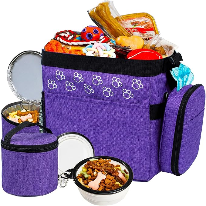 Dog Travel Bag with Treat Pouch, Airline Approved Dog Bags for Traveling, 2 Dog Food Travel Container, 2 Travel Bowls, Weekend Dog Travel Bag for Supplies, Dog Travel Kit Accessories-PawvioPets