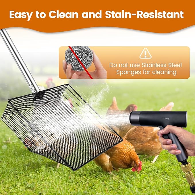 15 inch Extra Large Chicken Poop Scooper with Ergonomic Grip,5-in-1 Heavy Duty Adjustable Coop Scoop for Poop (24 to 68"), Stainless Steel Sifting Litter Shovel Scoop for Chicken Coop-PawvioPets
