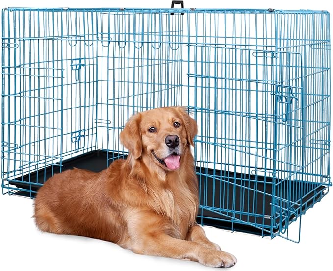 BestPet | Dog Crate | 48" | Blue | Foldable Metal Kennel with Double Doors, Secure Slide-Bolt Latches, Leakproof Tray | Portable Dog Cage for Large Breeds | for Travel, Indoor & Outdoor Use-PawvioPets