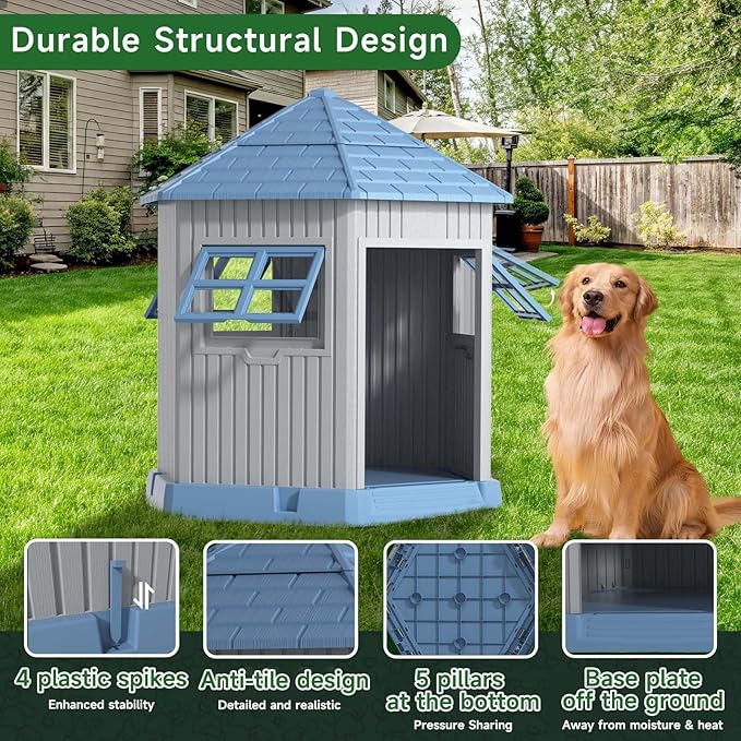 DRATO Dog House Indoor Outdoor Durable Large Dog Shelter with Outside Dog Kennel with Window and Elevated Floor for Small Medium Dogs (Blue, by)-PawvioPets