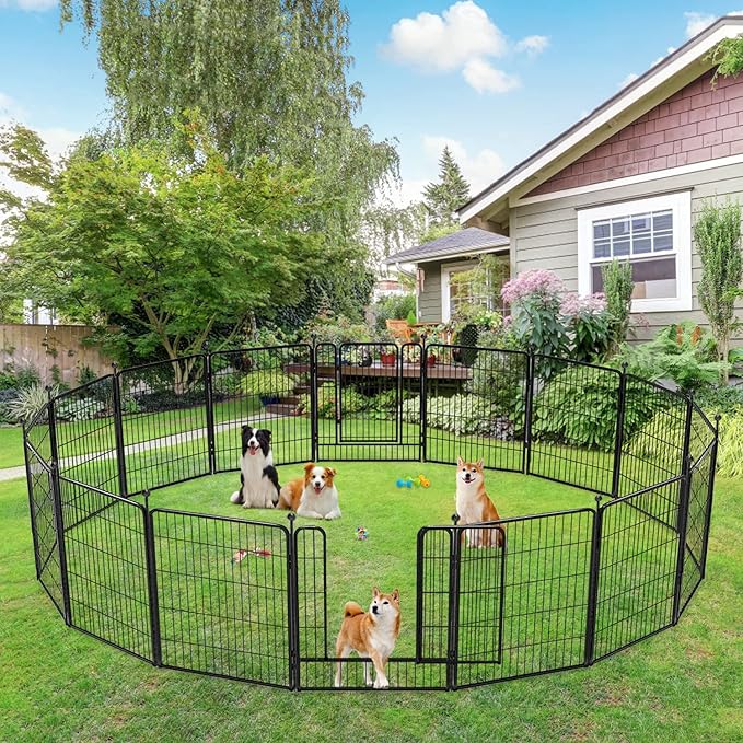 Dog Playpen 32 inch 16 Panels Indoor Outdoor Dog Pen for Medium/Small Dogs Heavy Duty Metal Dog Fence Outdoor for Yard, Puppy Playpen with Door Portable Pet Fence for RV Camping Yard-PawvioPets
