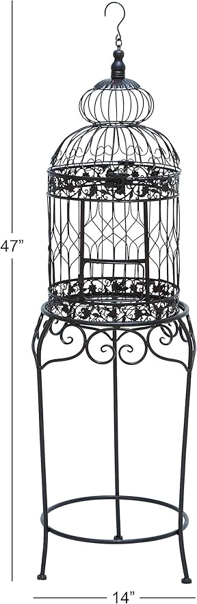 Deco 79 Vintage Metal Free-Standing Birdcage, 14" x 14" x 47", Black-PawvioPets