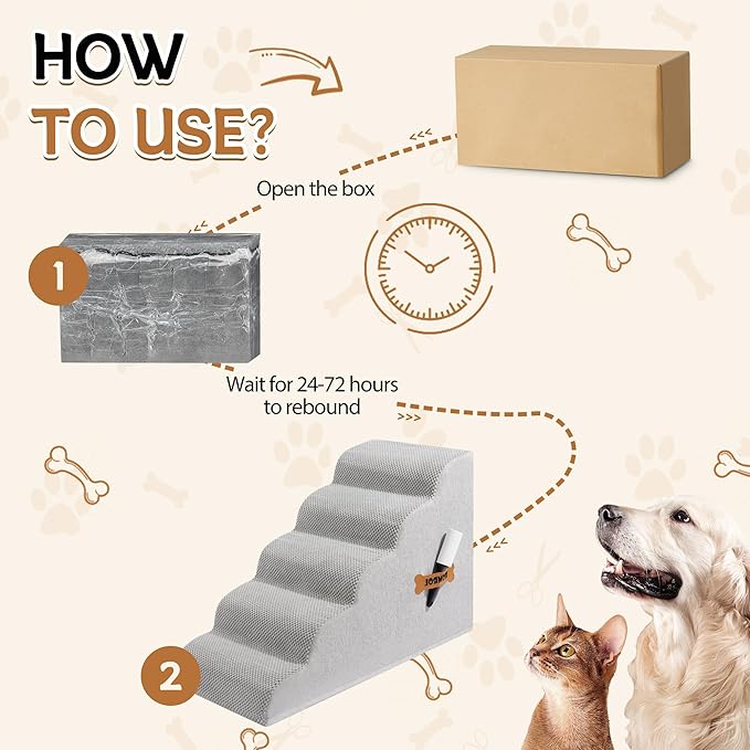 Dog Stairs, Romrol Dog Steps Ramp for High Bed and Couch, Dogs Ramp with Durable Non-Slip Waterproof Fabric Cover, Pet Stairs for Small Dogs and Cats or Pets Joints, 4-TiersLight Grey-PawvioPets