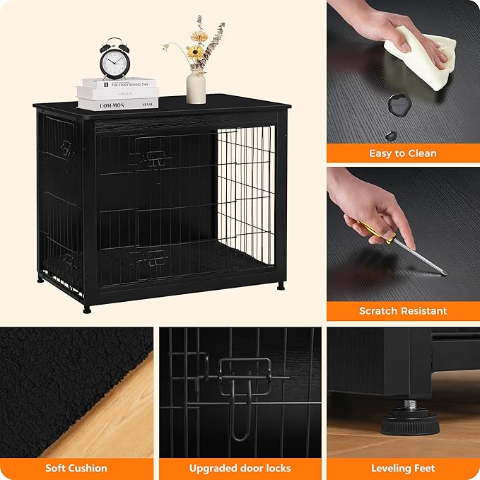 DWANTON Dog Crate Furniture with Cushion, Wooden Kennel Table with Double Doors, Indoor Dog House, Medium Size, 32.5" L, Black-PawvioPets