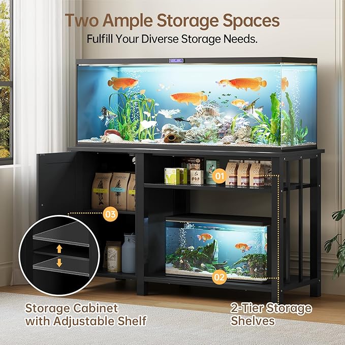 55-75 Gallon Aquarium Stand with Power Outlet, Heavy Duty Fish Tank Stand with Cabinet Storage & Adjustable Shelf, for Fish Tank, Turtle Tank, Reptile Terrarium, 1000LBS Capacity, Black-PawvioPets