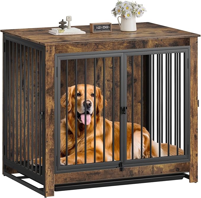 Dog Crate Furniture, Large Dog Crate Furniture, Wooden Cage Kennel Furniture Indoor, Modern Dog Crate with Multi-Purpose Removable Tray, Double-Doors Dog Furniture, Rustic Brown-PawvioPets