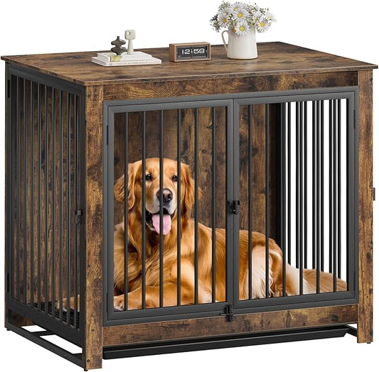Dog Crate Furniture, Large Dog Crate Furniture, Wooden Cage Kennel Furniture Indoor, Modern Dog Crate with Multi-Purpose Removable Tray, Double-Doors Dog Furniture, Rustic Brown-PawvioPets