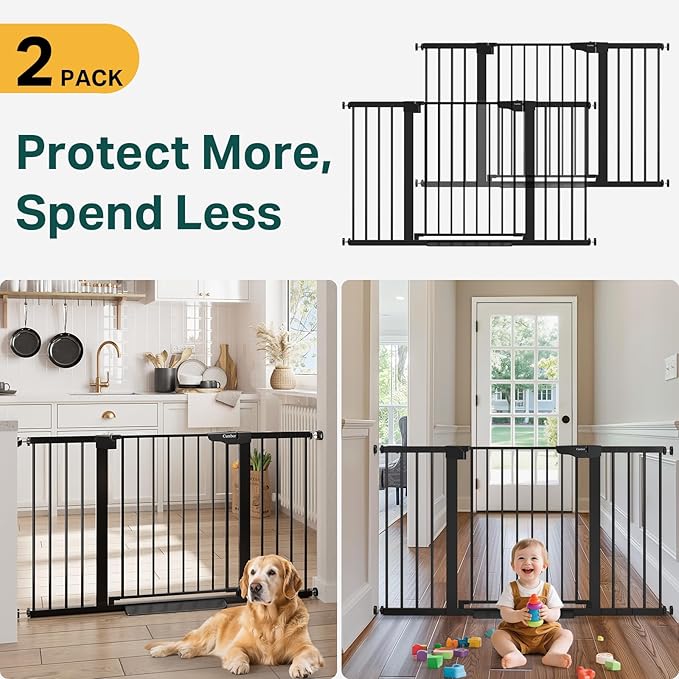 Cumbor 2 Pack 29.7-54.2" Baby Gate for Stairs, Mom's Choice Awards Winner-Auto Close Dog Gate for doorways, Easy Install Pressure Mounted Pet Gate Indoor, Walk Thru Wide Safety Gate for Dog, Black-PawvioPets