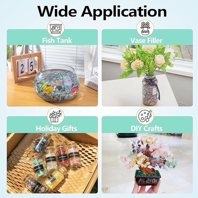 3 Lb Crystal Chips Bulk Tumbled Crushed Quartz Stones, 7 Chakra Crystal Quartz Rocks Healing Stones Pebbles for Vases Filler, Aquarium Gravel Rocks, Succulent Plants Decor-PawvioPets