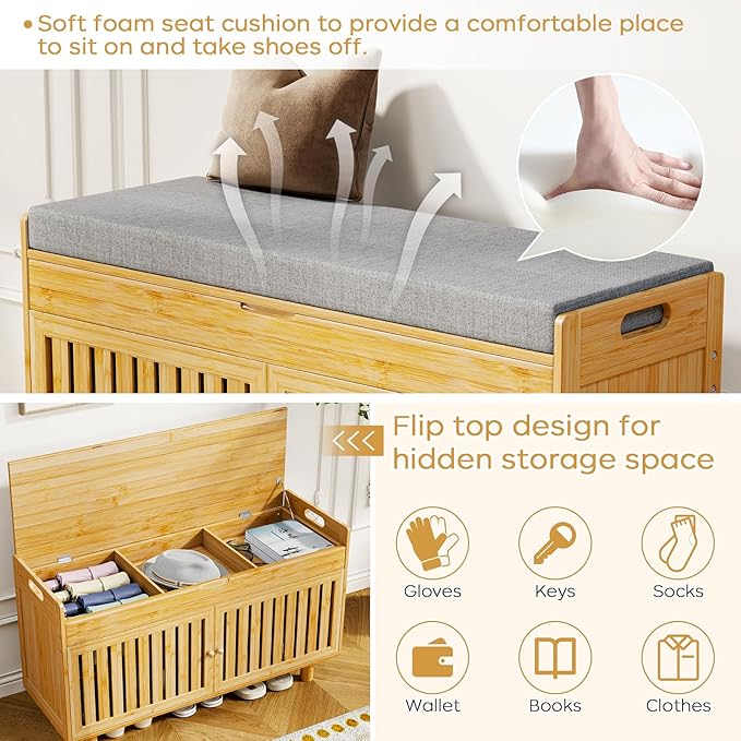 Coat Rack Shoe Bench Set, Bamboo Shoe Storage Bench with Seat Cushion & 5 Hooks, Hall Tree Entryway Bench with Lift Top Hidden Storage, 35.4" W x 12.6" D x 19.7" H, for Entryway, Living Room, Bedroom-PawvioPets