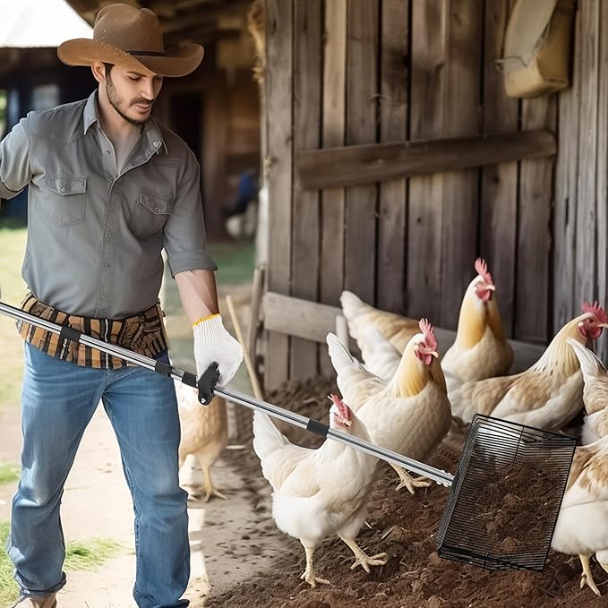 15-inch Large Chicken Poop Scooper, 5 in 1 Adjustable Chicken Coop Scoop with Ergonomic Grip, 24" to 77" Long Stainless Steel Sifting Litter Shovel Pooper Scooper Chicken Coop Accessories-PawvioPets