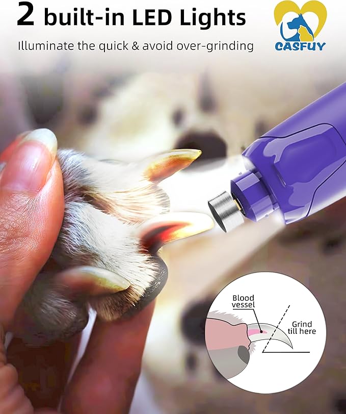 Casfuy Dog Nail Grinder Quiet - (45db) 6-Speed Pet Nail Grinder with 2 LED Lights for Large Medium Small Puppy Dogs/Cats, Professional 3 Ports Rechargeable Electric Dog Nail Trimmer with Dust Cap-PawvioPets