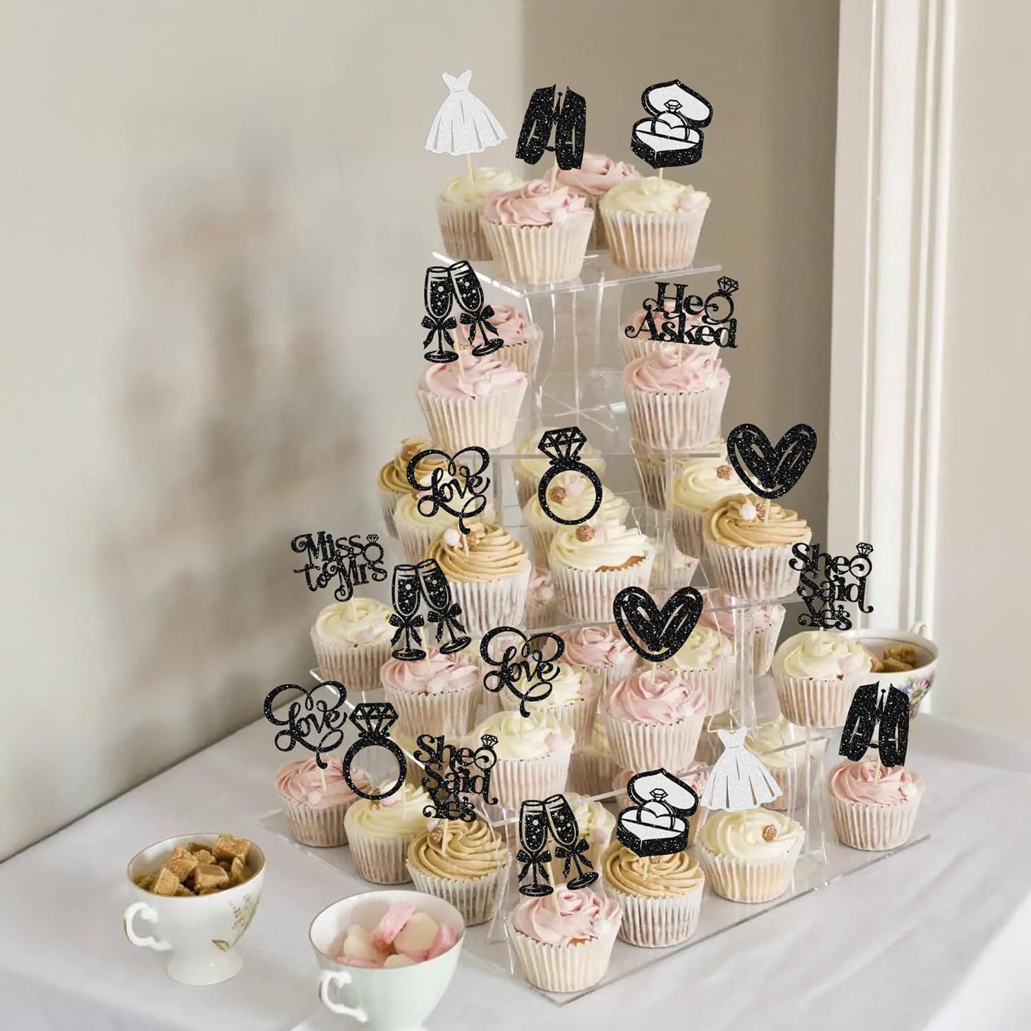 Gyufise 30Pcs She Said Yes Cupcake Toppers Glitter Diamond Ring I Do Love Cupcake Picks Miss to Mrs He Asked Bridal Shower Wedding Engagement Bachelorette Cake Decoration Black