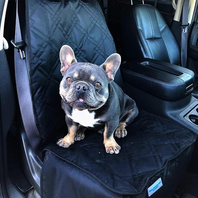 Bulldogology Front Car Seat Covers for Dogs - Heavy Duty Dog Seat Cover for Cars, Trucks, Vans, and SUVs - 100% Waterproof Front Seat Dog Cover - Passenger Dog Car Seat Cover for Front Seat (Black)-PawvioPets