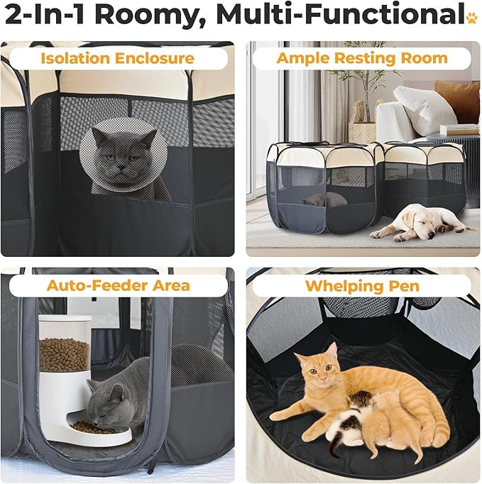 EighteenTek 2-in-1 Pop Up Cat Playpen XLarge, Dog Puppy Pet Playpen, Indoor Outdoor Cats Enclosed, Cat Tent House Crate Cage, Portable & Foldable Playpen for Kittens(No Divider, Unified Space)-PawvioPets