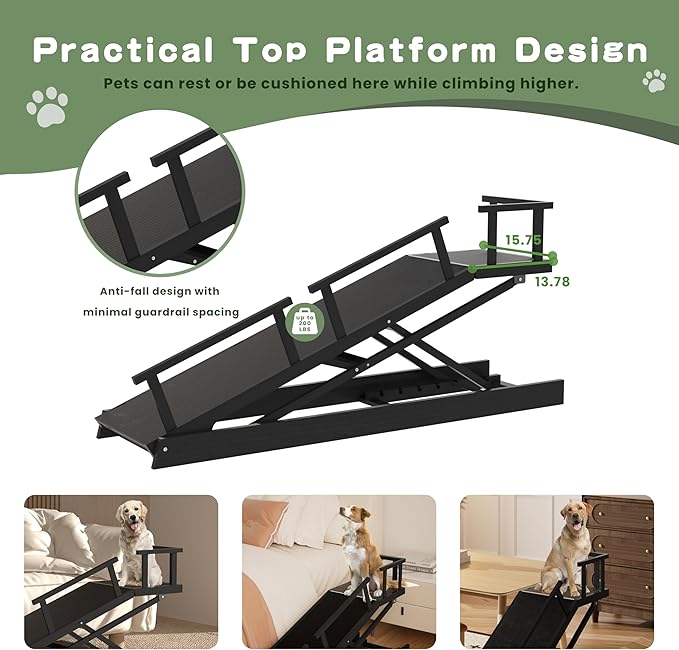 6 Level Height Adjustable Dog Ramp for Bed, Couch 65" Foldable Pet Ramp with Non-Slip Mat，DIY Glow Strips & Rest Platform Heavy Duty Dog Stairs for Large Dogs up to 200Lbs ，Black-PawvioPets