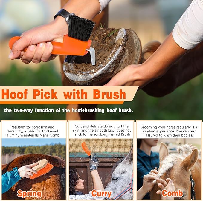 Abbylike 12 Pieces Horse Grooming Kit Racing Festival Tack Room Supplies Horse Brush Sets Equine Care Cleaning Kit Shedding Grooming Massaging Tools(Orange)-PawvioPets