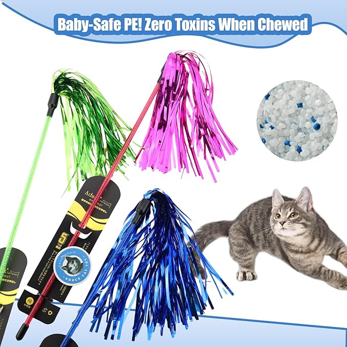 ADUCK Interactive Cat Teaser Wand Toy with Tassels - Durable Cat Chaser for Indoor Kitten Exercise, Boredom Relief & Training Play, Pack of 3 (Gold, Silver, Green)-PawvioPets