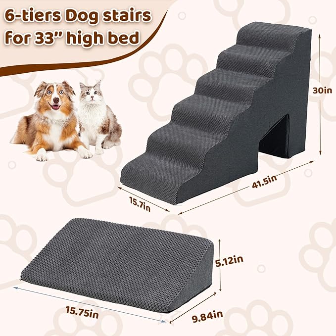 Dog Stairs & Steps Ramps for High Beds 30 inches High Tall, LitaiL 6 Step Pet Stairs Steps for Small Large Dogs, Non-Slip Dog Ramps with 3 Pack Ramps for Staircase-PawvioPets