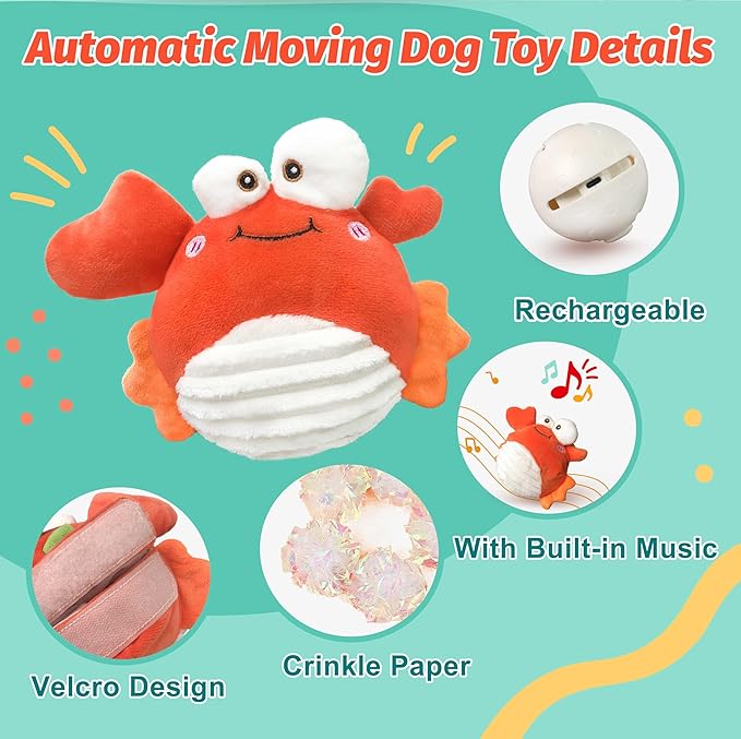 Crab Interactive Dog Toys – Rechargeable Self-Play Toy with Motion-Activated Ball & Music Recording Modes for Small, Medium & Large Dogs, Moving Dog Toy to Keep Them Busy-PawvioPets