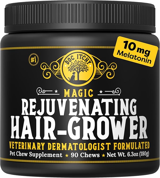 Doc Itchy Rejuvenating Hair-Grower Dog Pet Chews | 10mg Melatonin for Dogs | Hair Growth Booster | Senior Dog Energizer | Calming | Medical-Strength | Food Allergy Safe | Vegan | 90 Count-PawvioPets