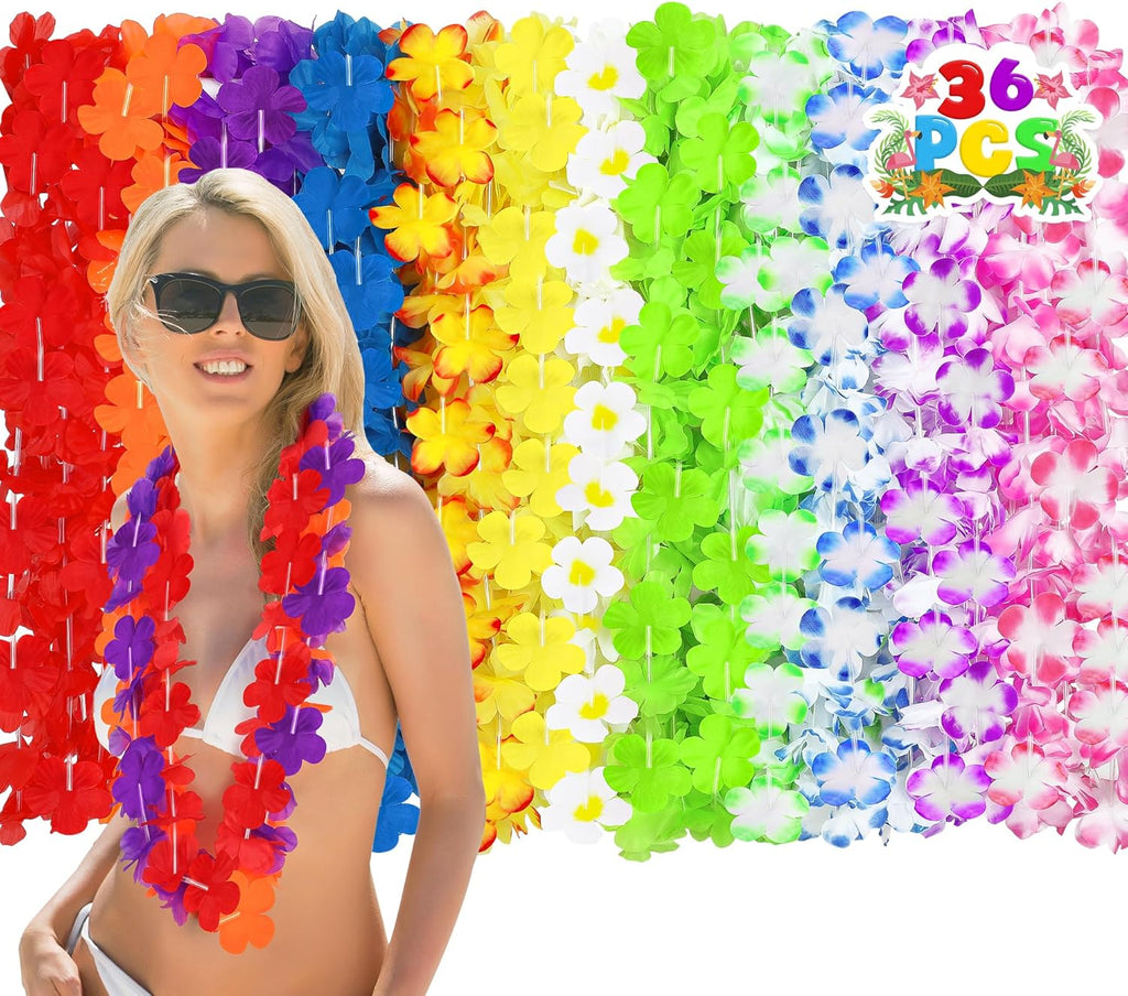 Luau Party Decorations, 36PCS Hawaiian Themed Leis Necklace Costume Accessories, Colorful Hawaiian Leis Tropical Theme Silk Flower Clothing Accessories Bulk, Hawaii Flower Lays Summer Pool Supplies