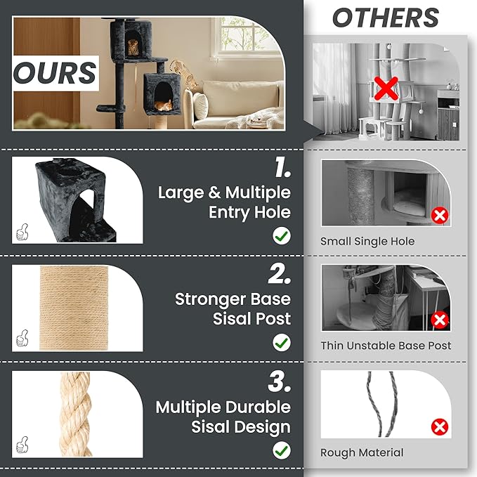 59in Large Cat Tree Tower for Indoor Cats with Soft Plush Hang Ball, Two Condos, Sisal Scratch Posts & Rope Play for Kittens/Adult Cats, New Dark Grey-PawvioPets