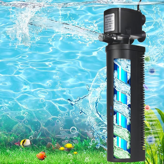 Aquarium U-V Filter 300GPH for Large 80-200 Gal Fish Tank Pond, Powerful Internal Submersible Pump Green Water Clean Killing Machine Air Supply Deodorization Keep Saltwater Freshwater Crystal Clear-PawvioPets