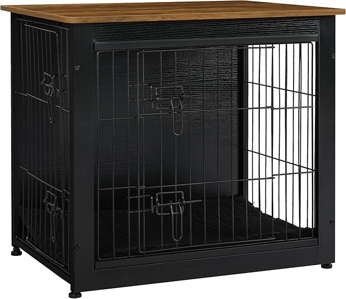 DWANTON Dog Crate Furniture with Cushion, Wooden Kennel Table with Double Doors, Indoor Dog House, Small/Medium/Large Size, 27.2" L, Black+Warm Brown-PawvioPets