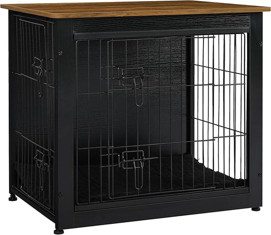 DWANTON Dog Crate Furniture with Cushion, Wooden Kennel Table with Double Doors, Indoor Dog House, Small/Medium/Large Size, 27.2" L, Black+Warm Brown-PawvioPets