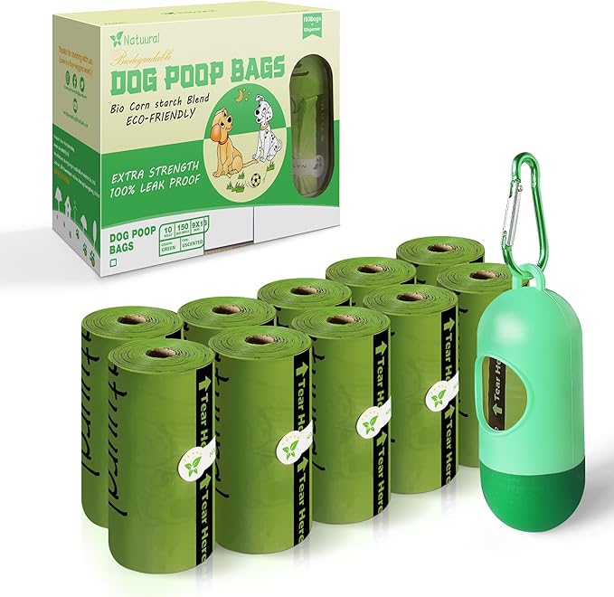 Dog Poop Bags-150 Counts with Holder (10 Rolls), Biodegradable Poop Bags, Eco-friendly and Easy to Open, Thick Dog Waste Bags (Green)-PawvioPets