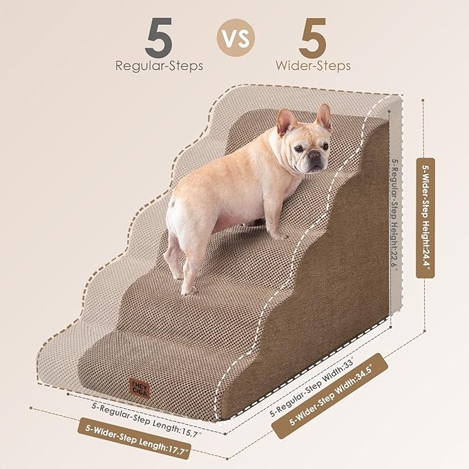 EHEYCIGA Curved Dog Stairs Ramp for High Beds, 5-Step Extra Wide Dog Steps for Small Dogs and Cats, Pet Stairs for High Bed Climbing, Non-Slip Balanced Pet Step Indoor, Camel-PawvioPets