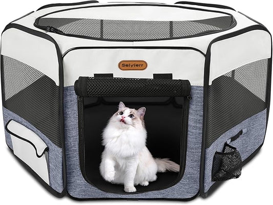 Dog Playpen, Portable Pet Play Pen Foldable Carrying Case, Puppy Pens Outsid for Small Cat Indoor/Outdoor, Removable Mesh Shade Cover-PawvioPets