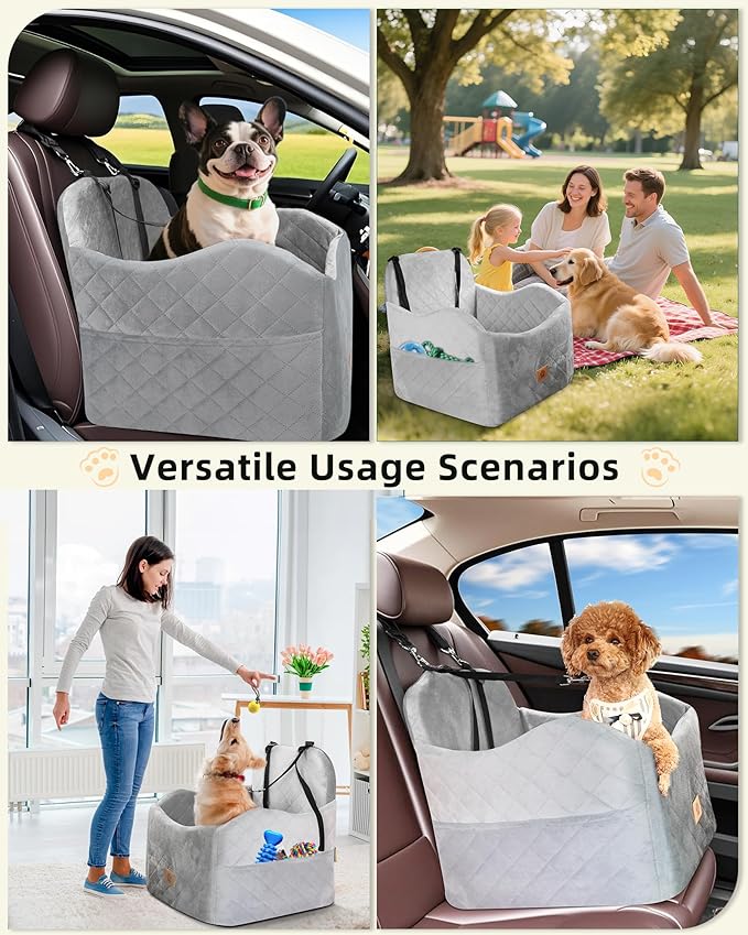 Car Seat Booster for Dog: High-Support Memory Foam Pet Car Seat for Small/Medium Dogs Under 35lbs with Elevated Cushion - Detachable Washable Puppy Travel Bed for Driving with Pockets (Grey)-PawvioPets