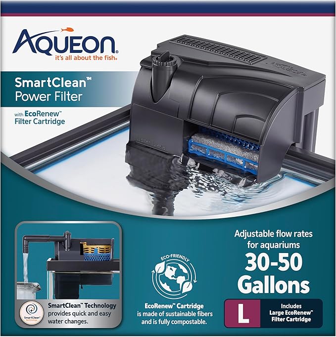 Aqueon Aquarium Fish Tank SmartClean Power Filter with EcoRenew Filter Cartridge, 30-50 Gallons-PawvioPets