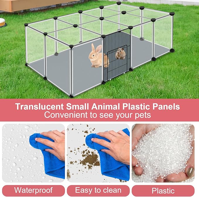 20 Panels Small Animals Playpen, 48" x 24" x 16" Transparent Pet Playpen with Waterproof Mat,Portable Plastic Enclosure Cage for Chicken/Guinea Pigs/Bunny/Ferrets/Hamsters/Hedgehogs Indoors Outdoor-PawvioPets
