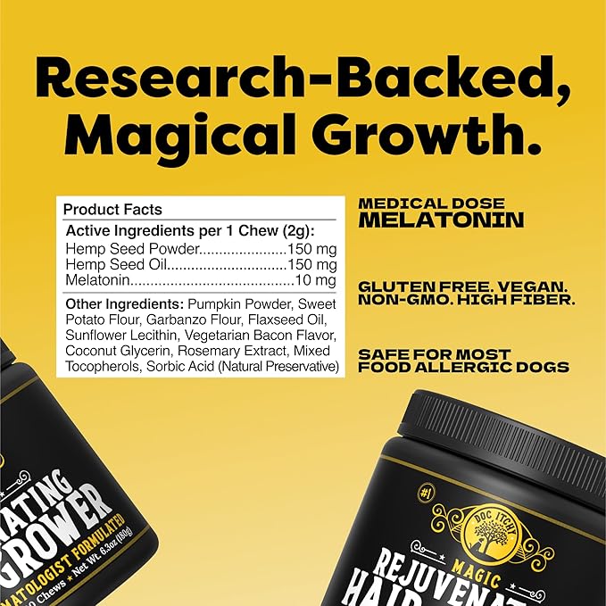 Doc Itchy Rejuvenating Hair-Grower Dog Pet Chews | 10mg Melatonin for Dogs | Hair Growth Booster | Senior Dog Energizer | Calming | Medical-Strength | Food Allergy Safe | Vegan | 90 Count-PawvioPets