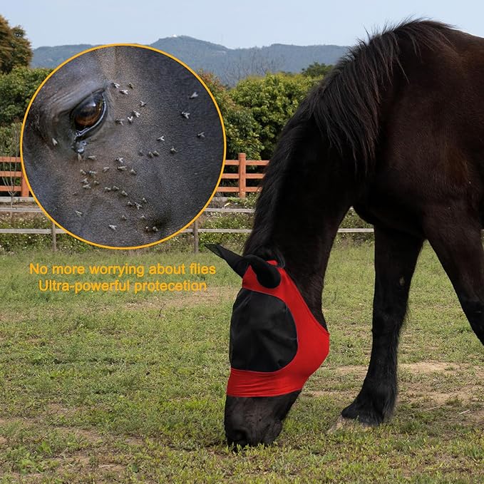 2 Piece Horse Fly Mask with Ears, Comfortable Fit Stretch Fabric Big Eye Space Soft Breathable with UV Protection for Full Horses (Red-Blue)-PawvioPets