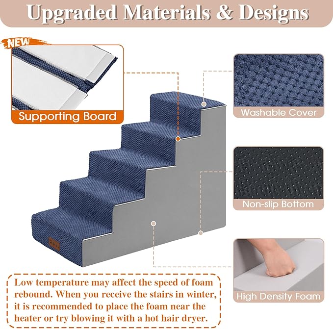 GGIB Dog Stairs for Small Dogs and Cats - Non-Slip Steps for High Bed, Sofa, Couch - Pet Ramp with Removable Washable Cover, Navy, 22" H, 5-Step-PawvioPets