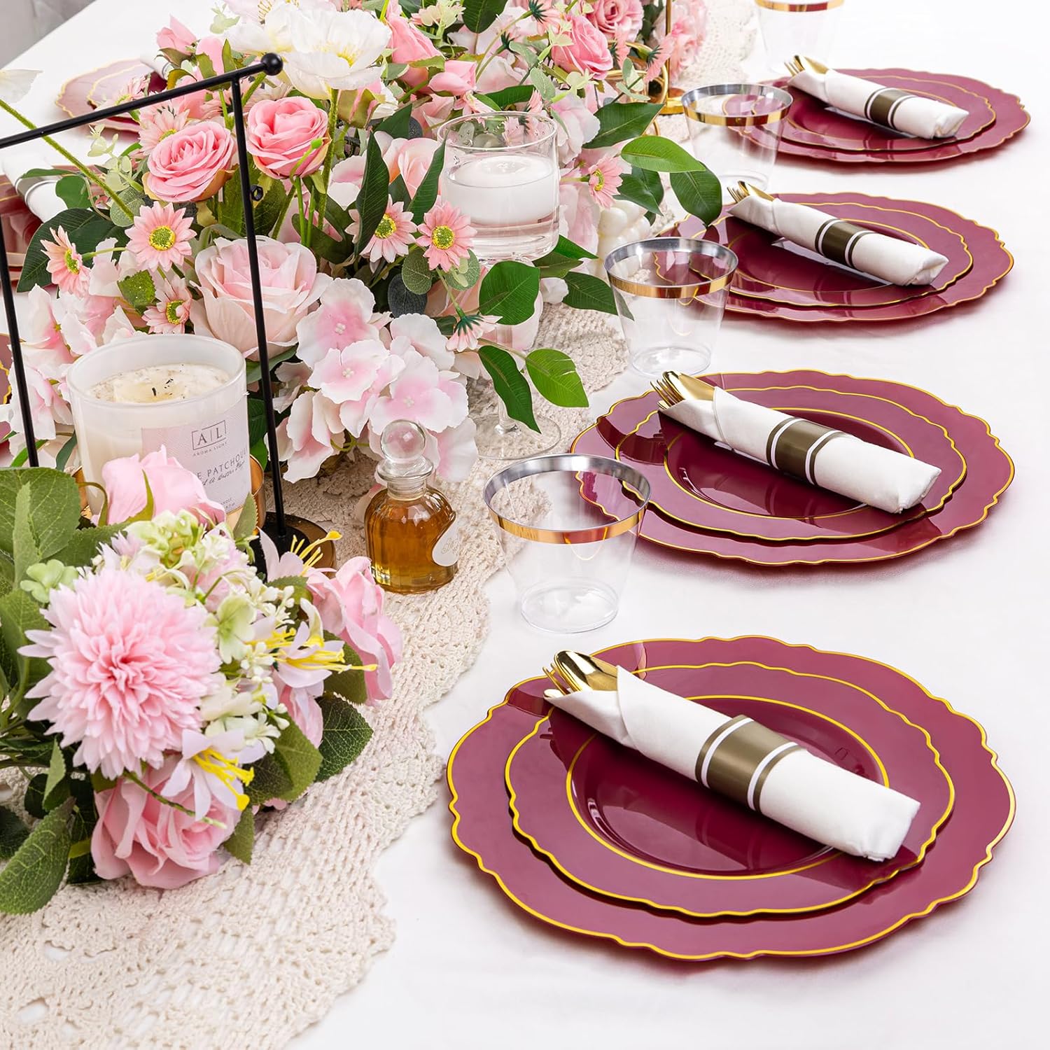 Liacere 350PCS Red Plastic Plates-Disposable Burgundy Red and Gold Plates 50guest Baroque Plastic Dinnerware include 100Plates, 50Pack Pre Rolled Napkins with Silverware 50Cups for Girlfriends' Day