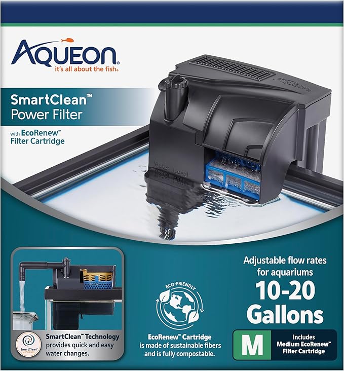 Aqueon Aquarium Fish Tank SmartClean Power Filter with EcoRenew Filter Cartridge, 10-20 Gallons-PawvioPets
